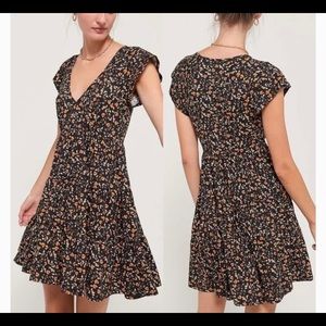Urban Outfitters Black Floral Mini Dress with Orange & White Accents